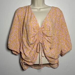 H&M Womens Crop Top XXL Yellow Pink Floral Festival Western Boho Cowgirl Prairie